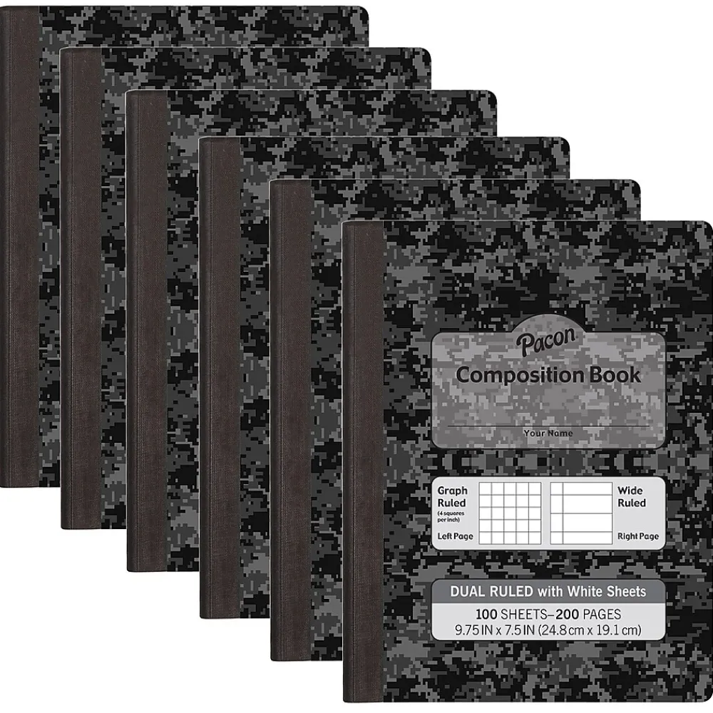 Composition Notebooks|Pacon Composition Notebooks, 9.75" x 7.5", Graph Ruled, 100 Sheets, Black, 6/Bundle (PACMMK37164-6)