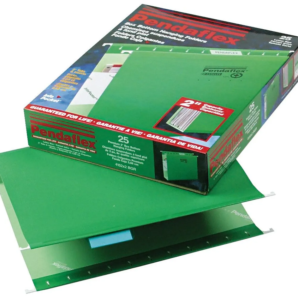 Hanging File Folders|Pendaflex Reinforced Recycled Hanging File Folder, 2" Expansion, 5-Tab Tab, Letter Size, Bright , 25/Box Green
