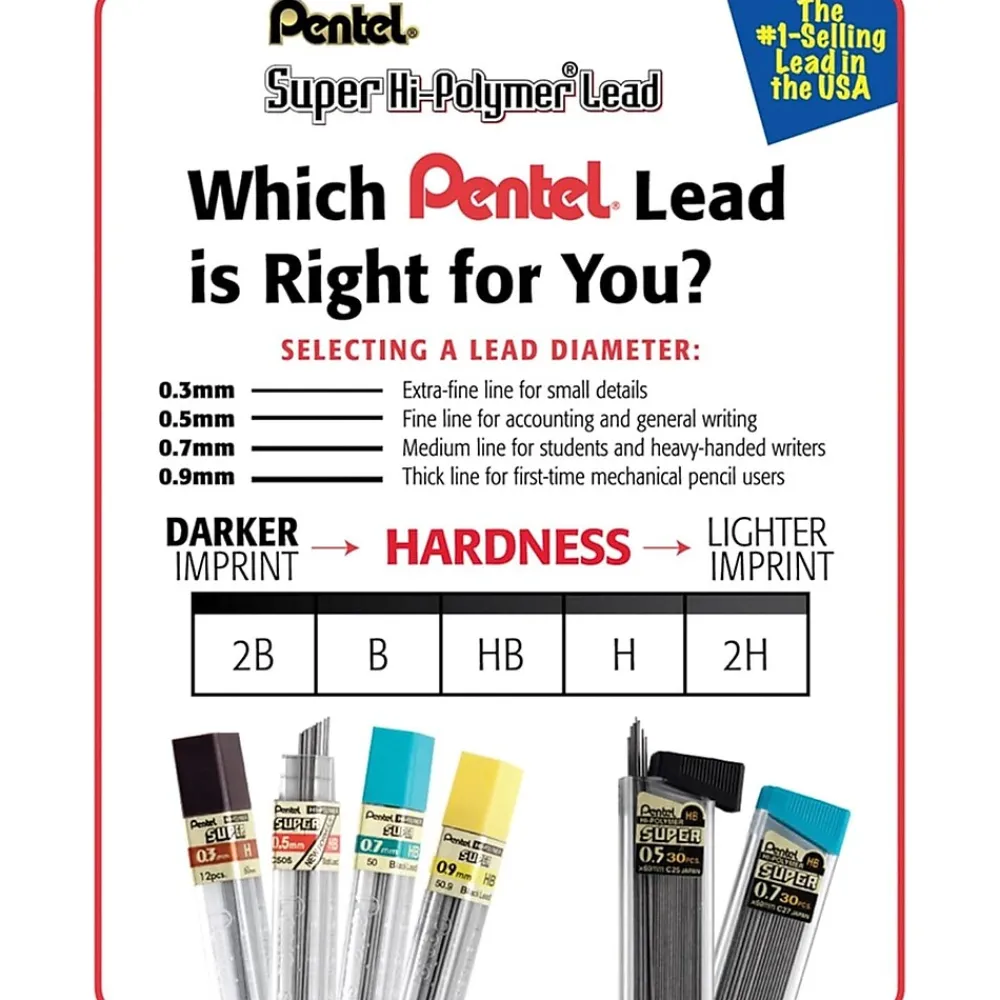 Pencils|Pentel Super Hi-Polymer Lead Refill, 0.5mm, 30/Leads, 3/Pack (C25BPHB3-K6)