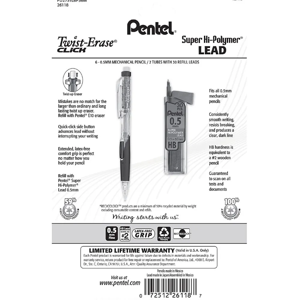 Pencils|Pentel Twist-Erase Click Mechanical Pencil, 0.5mm, Assoted colors, 6/PK (PD275TLBPS6M)