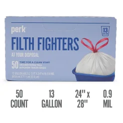 ™ 13 Gallon Kitchen Trash Bag, 28" x 24", Low Density, 0.9 mil, White, 50 Bags/Box (PK56745)<Perk Best