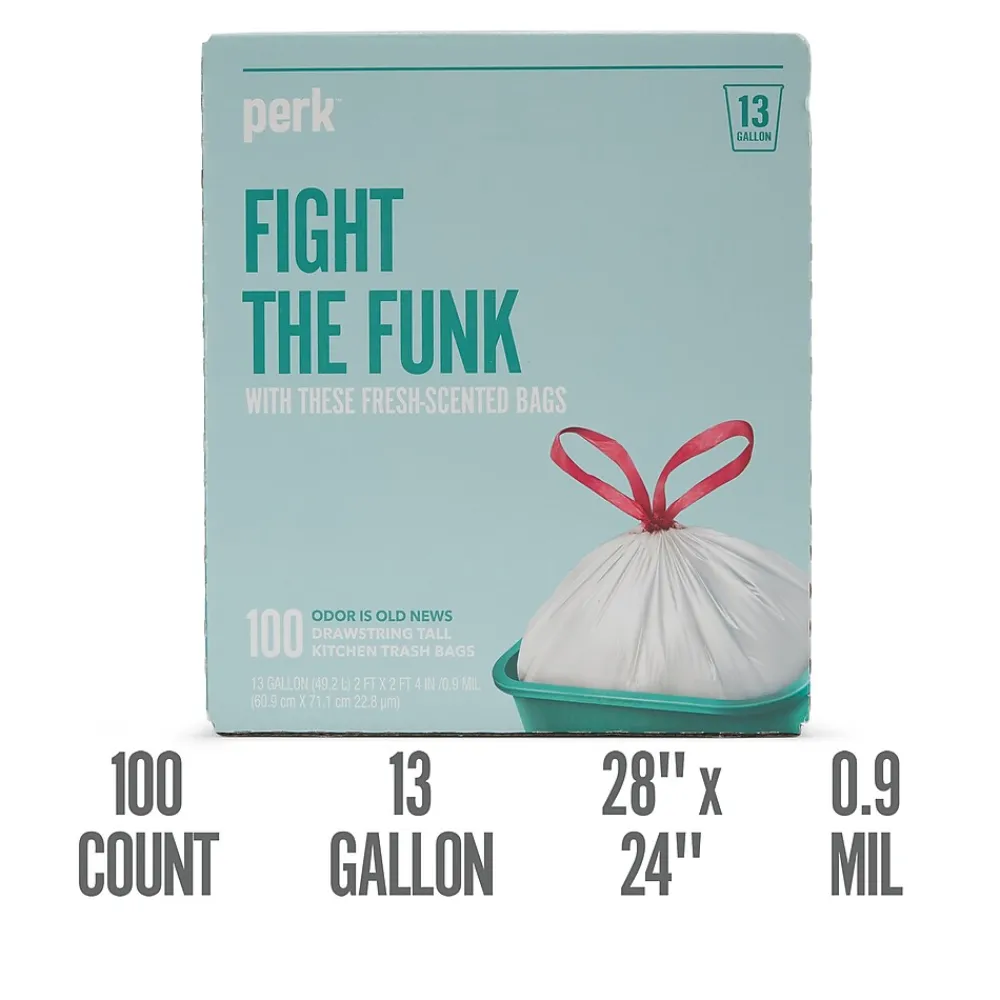 ™ 13 Gallon Scented Kitchen Trash Bag, 28" x 24", Low Density, 0.9 mil, White, 100 Bags/Box (PK56751)<Perk New