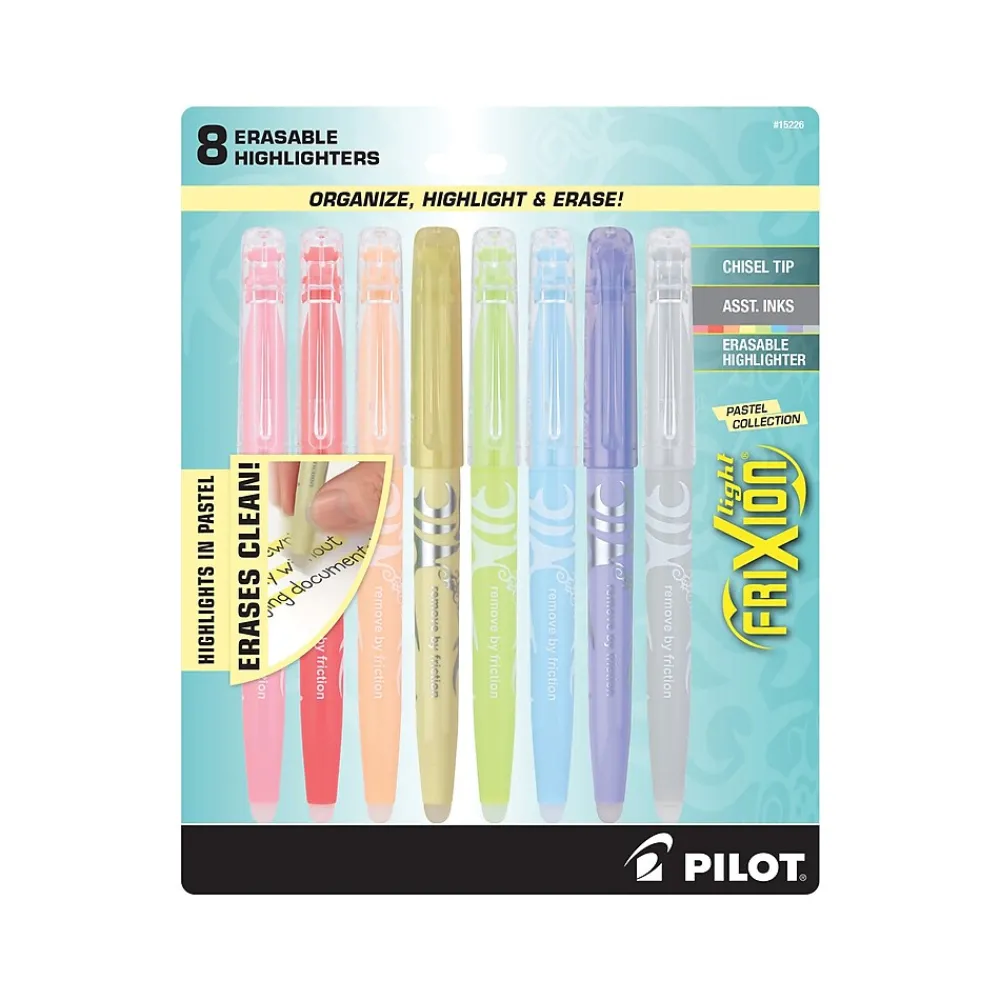 Highlighters|Pilot FriXion Light Pastel Erasable Highlighters, Chisel Tip, Assorted Colors, 8/Pack (FXLS8002)