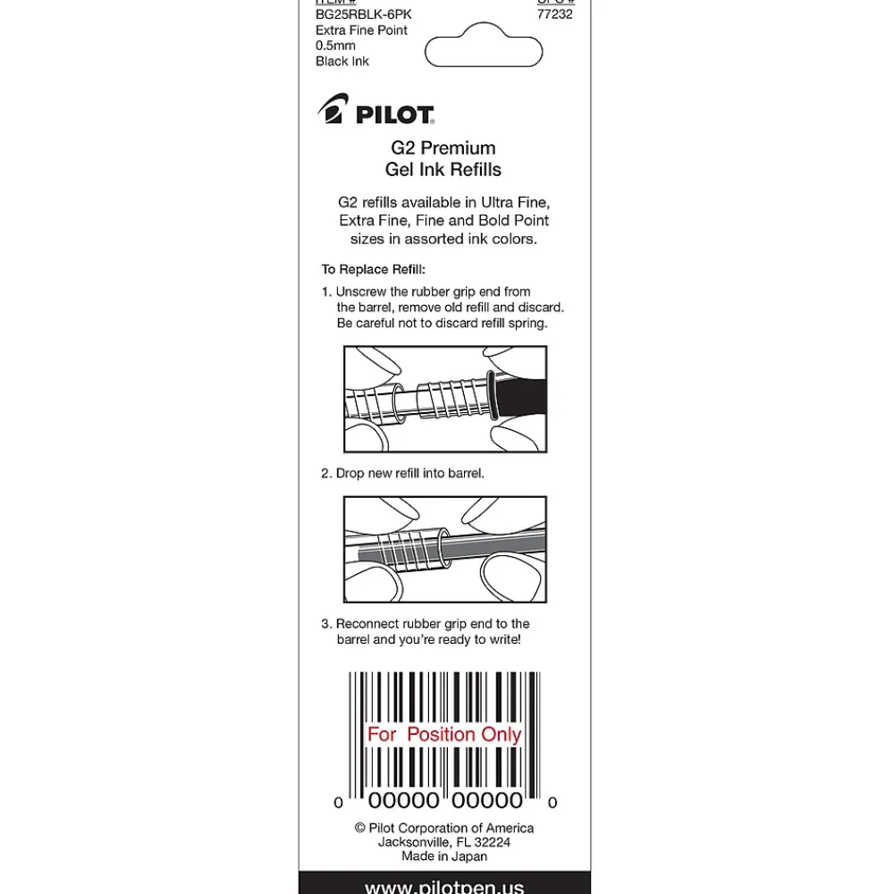 Pens|Pilot G2 Gel-Ink Pen Refill, Extra Fine Tip, Black Ink, 2/Pack (77232)
