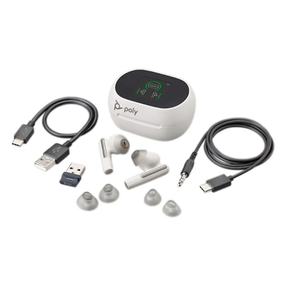 Plantronics Voyager Free 60+ UC Wireless Noise Cancelling Bluetooth Earbuds, USB-C, UC Certified, White Sand (7Y8G6AA)<Poly Clearance