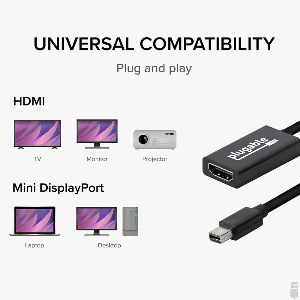 Plugable 6" Mini DisplayPort/Thunderbolt to HDMI Adapter, Male to Female, Black (MDP-HDMI)