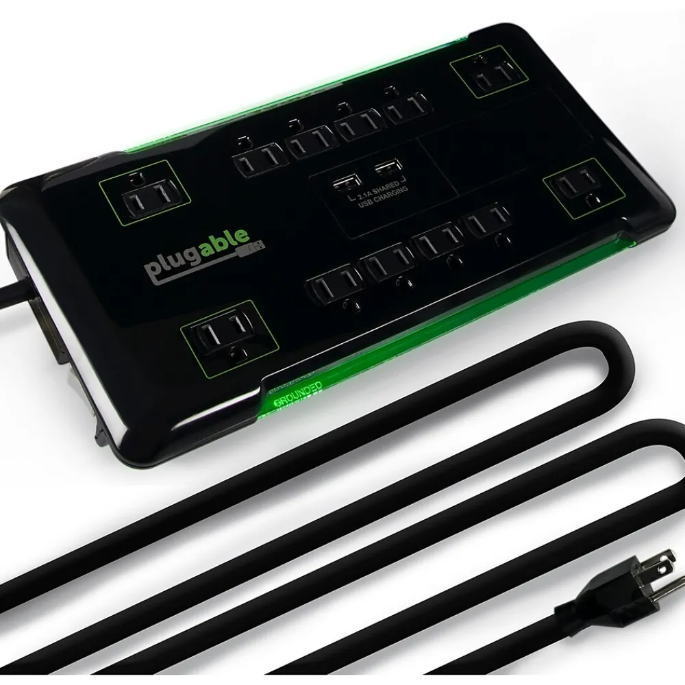 Plugable 25' 12-Outlet Power Strip with 2-Port USB Charger, Black (PS12-USB25)