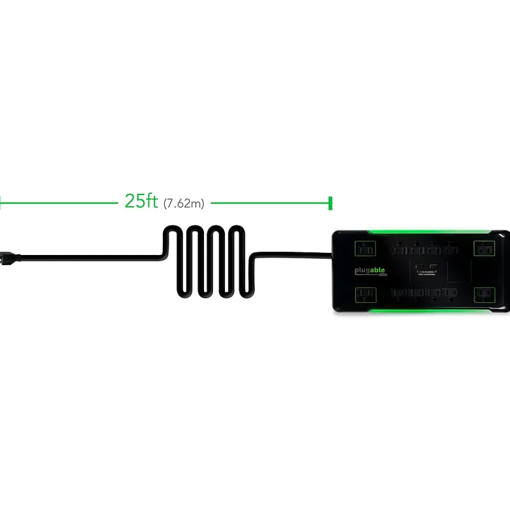 Plugable 25' 12-Outlet Power Strip with 2-Port USB Charger, Black (PS12-USB25)