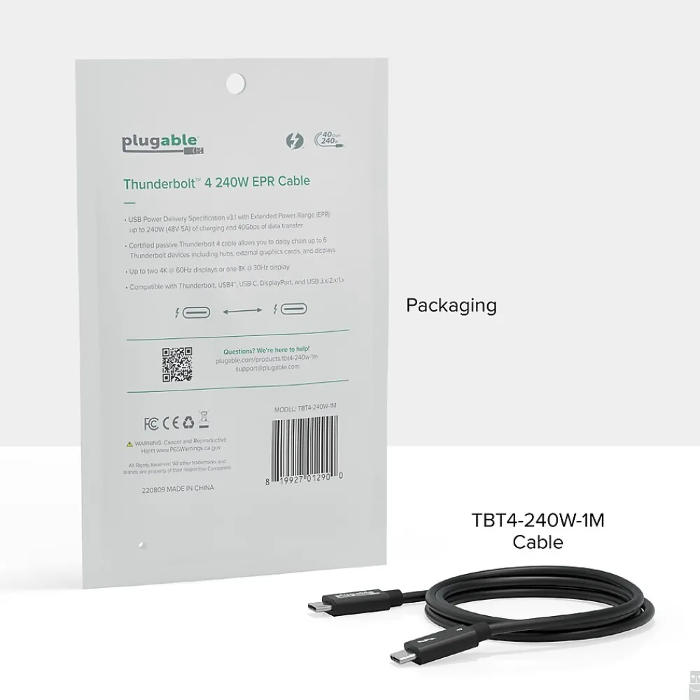 Plugable Thunderbolt-4 EPR 3.3' Cable, 240W, Black (TBT4-240W-1M)