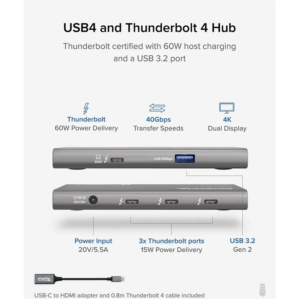 Plugable USB4 Hub, Silver (USB4-HUB3A)