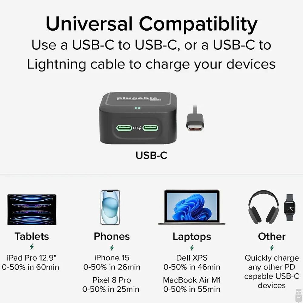 40W Dual USB-C Wall Charger, Black (PS-40C2B)<Plugable Hot
