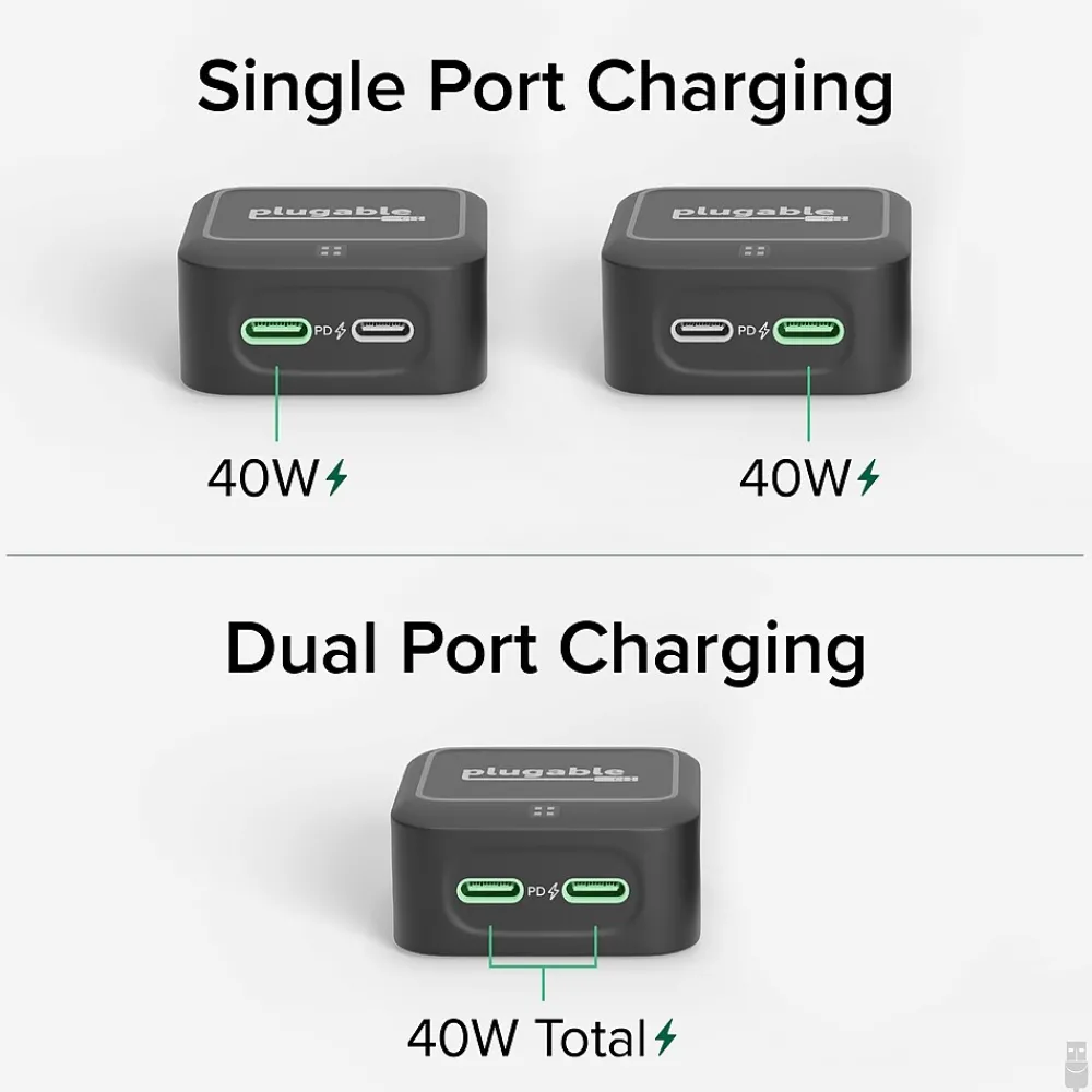40W Dual USB-C Wall Charger, Black (PS-40C2B)<Plugable Hot