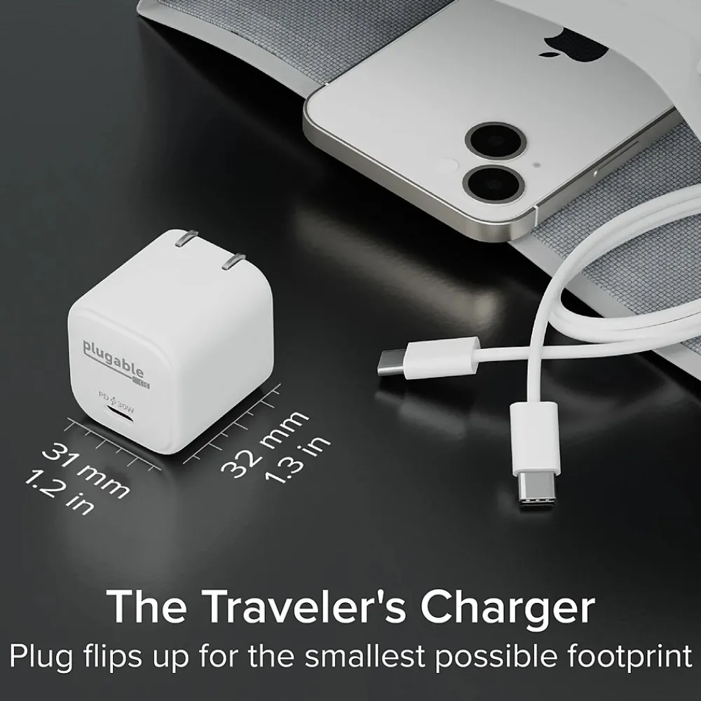 30W GaN USB C Charger Block, White (PS-30C1W)<Plugable Best