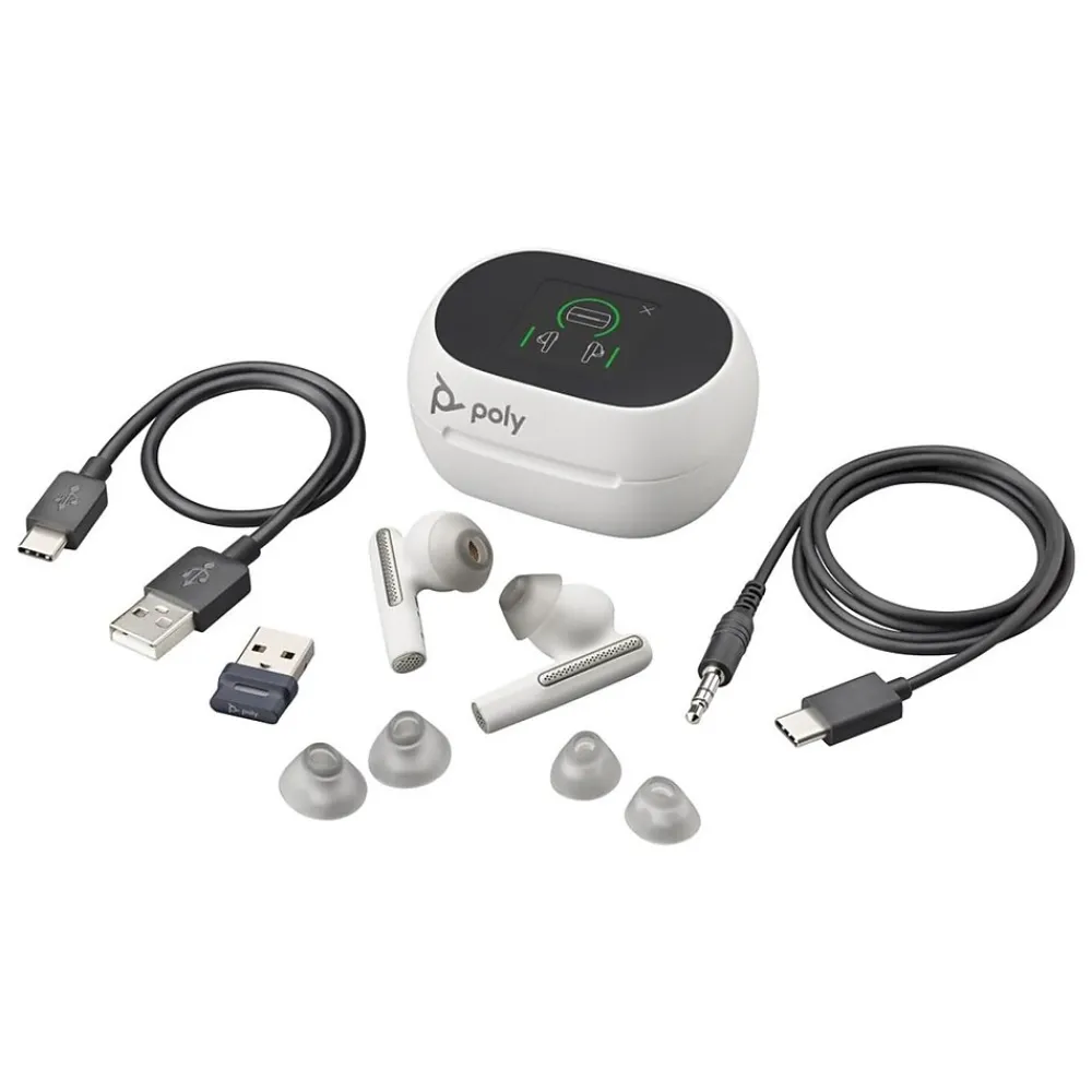 Voyager Free 60+ UC Wireless Noise Cancelling Bluetooth Earbuds, USB-A, MS Certified, White Sand (7Y8G7AA)<Poly Discount