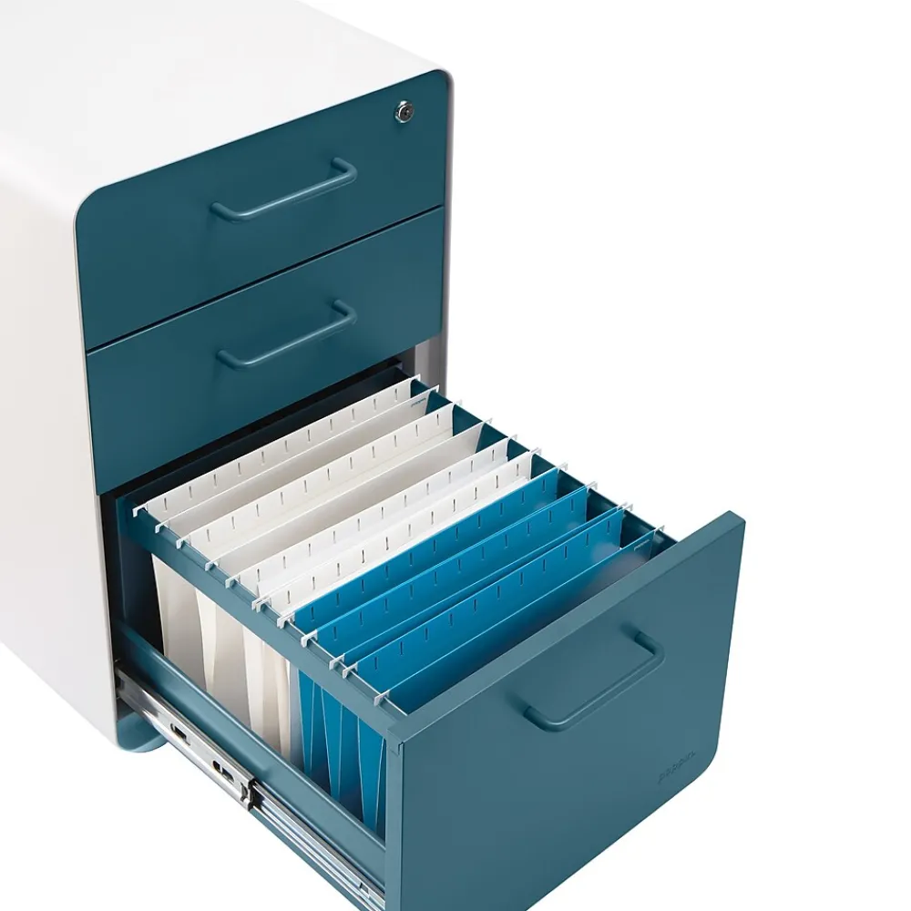 File Cabinets*Poppin Stow 3-Drawer Vertical Locking File Cabinet, White & Slate Blue, 16" (105944)
