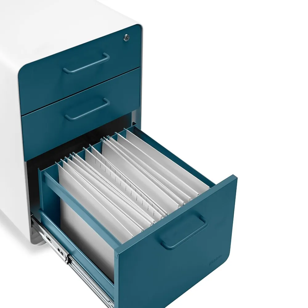 File Cabinets*Poppin Stow 3-Drawer Vertical Locking File Cabinet, White & Slate Blue, 16" (105944)