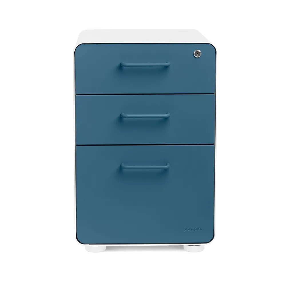 File Cabinets*Poppin Stow 3-Drawer Vertical Locking File Cabinet, White & Slate Blue, 16" (105944)