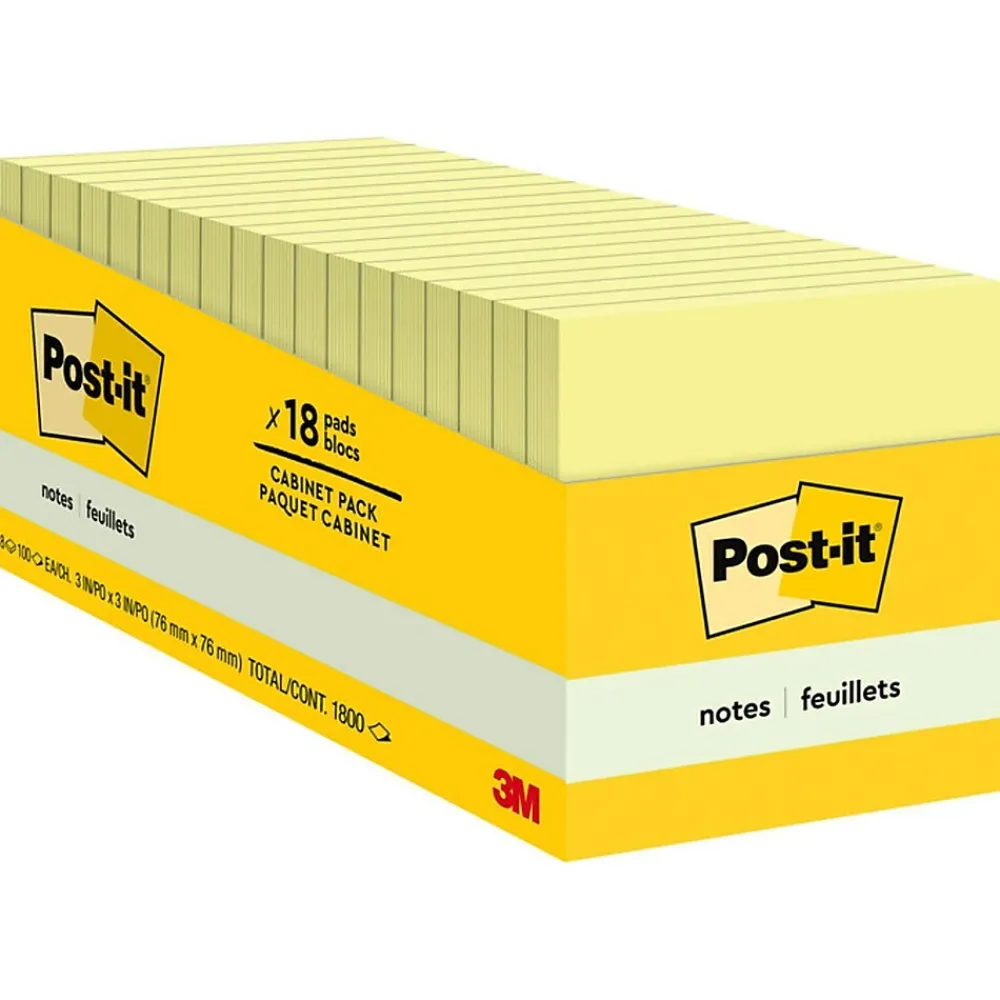 Post-It Notes*Post-it Notes, 3" x 3", Canary Collection, 90 Sheet/Pad, 18 Pads/Pack (654-18CP)