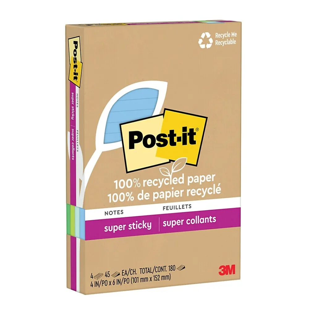 Post-It Notes*Post-it Recycled Super Sticky Notes, 4" x 6", Collection, 45 Sheet/Pad, 4 Pads/Pack (4621R-4SST) Oasis