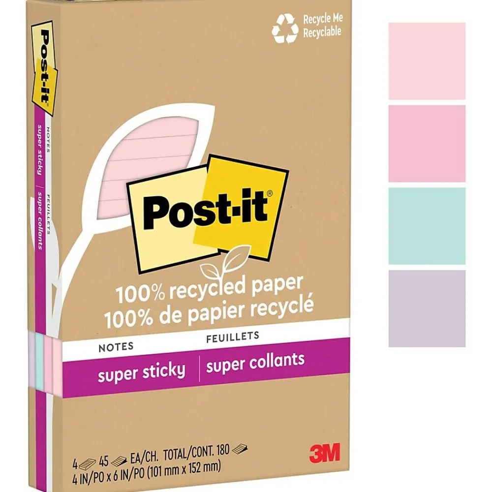 Post-It Notes*Post-it Recycled Super Sticky Notes, 4" x 6", Collection, 45 Sheet/Pad, 4 Pads/Pack (4621R-4SSNRP) Wanderlust Pastels