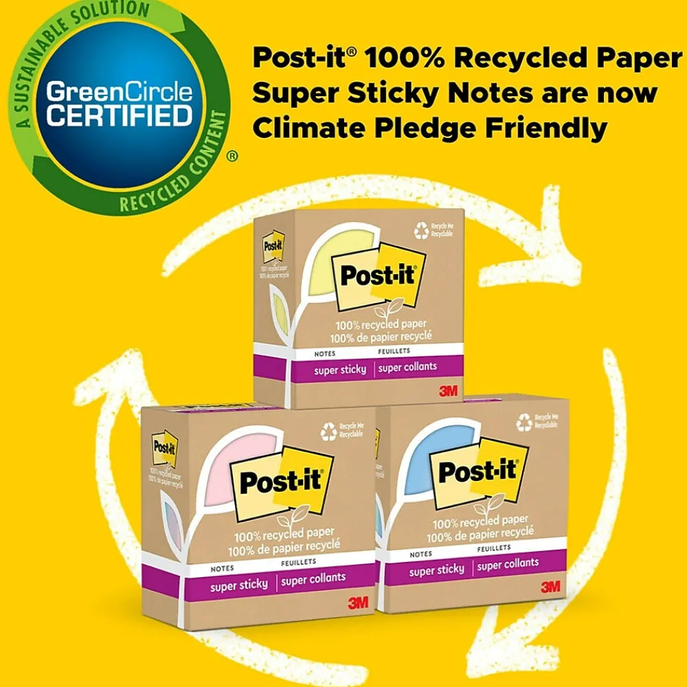 Post-It Notes*Post-it Recycled Super Sticky Notes, 3" x 3", Canary Collection, 70 Sheet/Pad, 5 Pads/Pack (654R-5SSCY) Canary Yellow