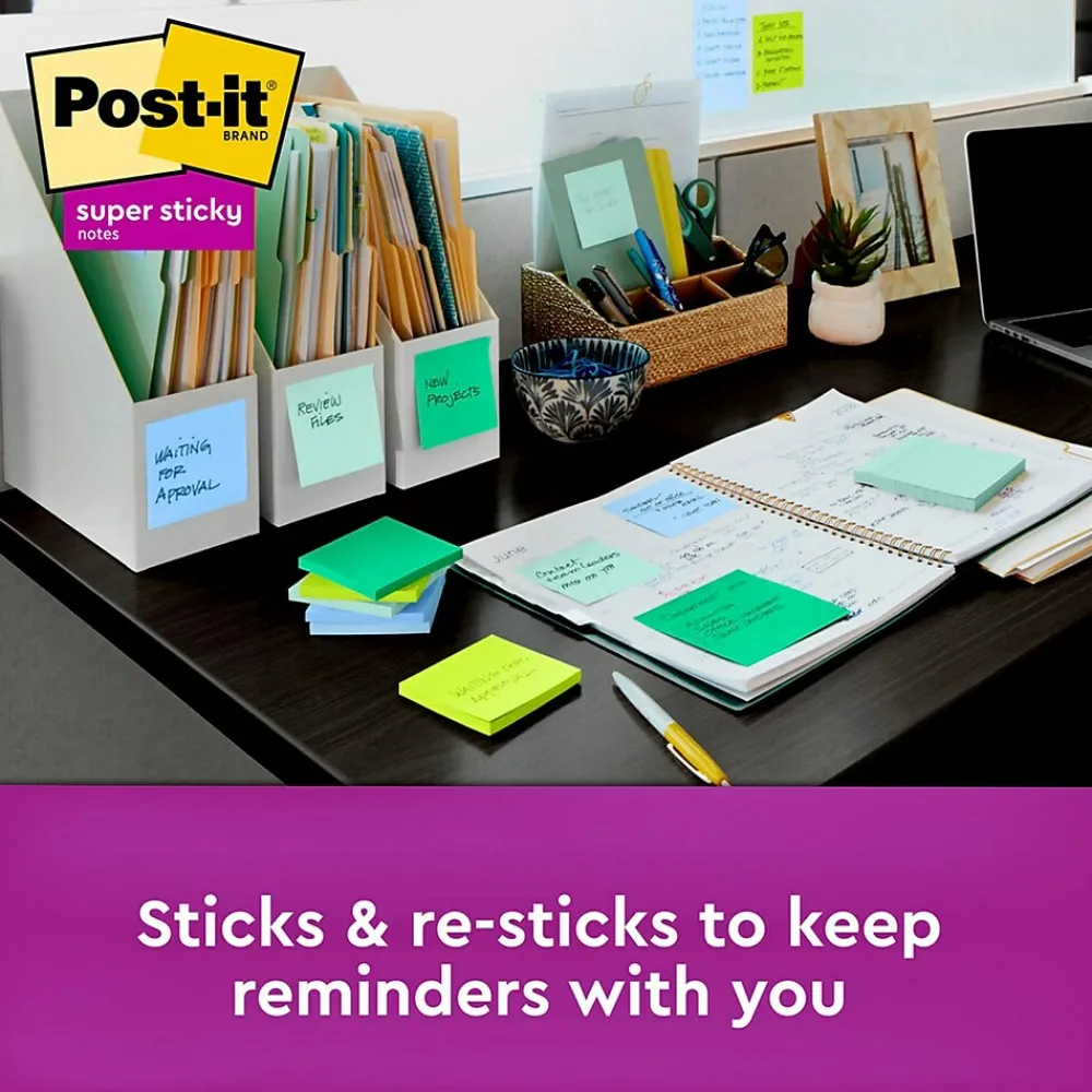 Post-It Notes*Post-it Recycled Super Sticky Notes, 3" x 3", Oasis Collection, 90 Sheet/Pad, 12 Pads/Pack (65412SST)