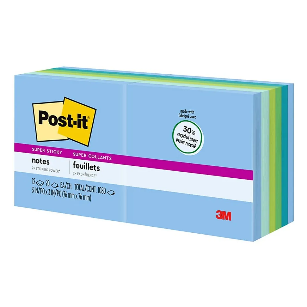 Post-It Notes*Post-it Recycled Super Sticky Notes, 3" x 3", Oasis Collection, 90 Sheet/Pad, 12 Pads/Pack (65412SST)