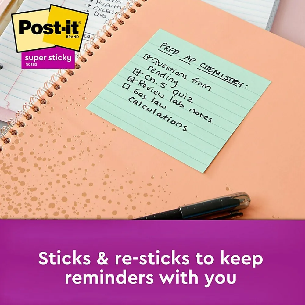 Post-It Notes*Post-it Recycled Super Sticky Notes, 4" x 4", Bora Bora Collection, Lined, 90 Sheet/Pad, 4 Pads/Pack (675-4SST)