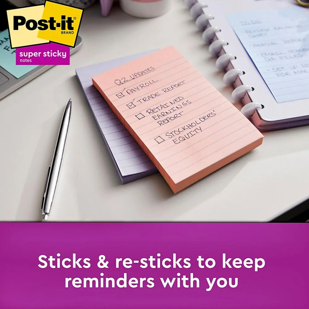 Post-It Notes*Post-it Recycled Super Sticky Notes, 4" x 6", Wanderlust Pastels Collection, Lined, 90 Sheet/Pad, 3 Pads/Pack (6603SSNRP)