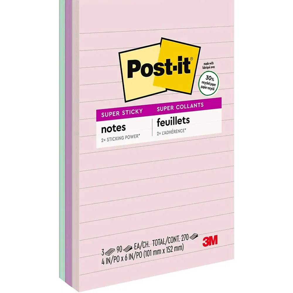 Post-It Notes*Post-it Recycled Super Sticky Notes, 4" x 6", Wanderlust Pastels Collection, Lined, 90 Sheet/Pad, 3 Pads/Pack (6603SSNRP)