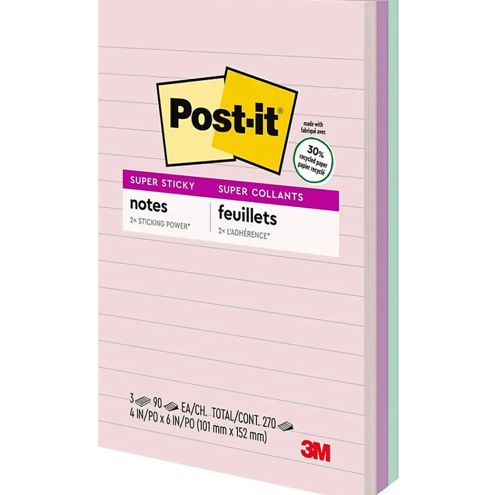 Post-It Notes*Post-it Recycled Super Sticky Notes, 4" x 6", Wanderlust Pastels Collection, Lined, 90 Sheet/Pad, 3 Pads/Pack (6603SSNRP)