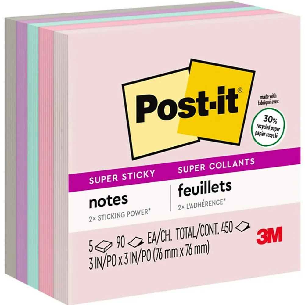 Post-It Notes*Post-it Recycled Super Sticky Notes, 3" x 3", Collection, 90 Sheet/Pad, 5 Pads/Pack (654-5SSNRP) Wanderlust Pastels