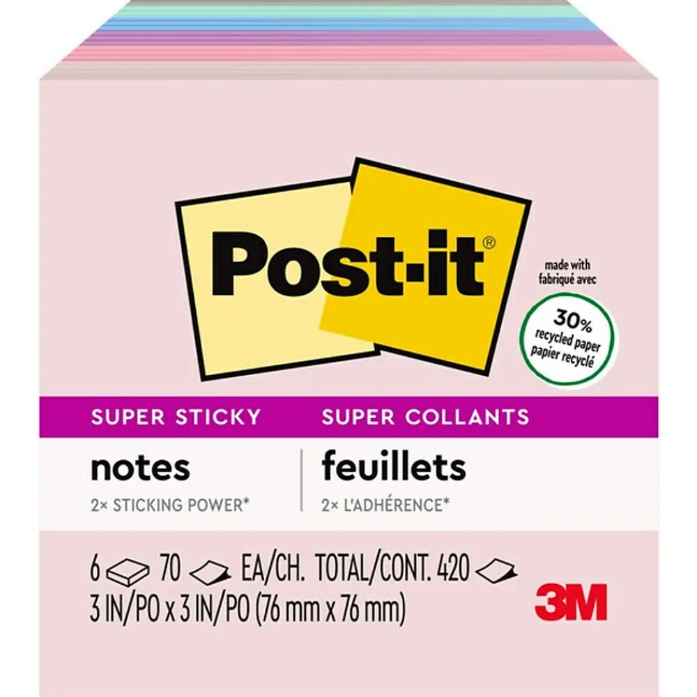 Post-It Notes*Post-it Recycled Super Sticky Notes, 3" x 3", Collection, 90 Sheet/Pad, 5 Pads/Pack (654-5SSNRP) Wanderlust Pastels
