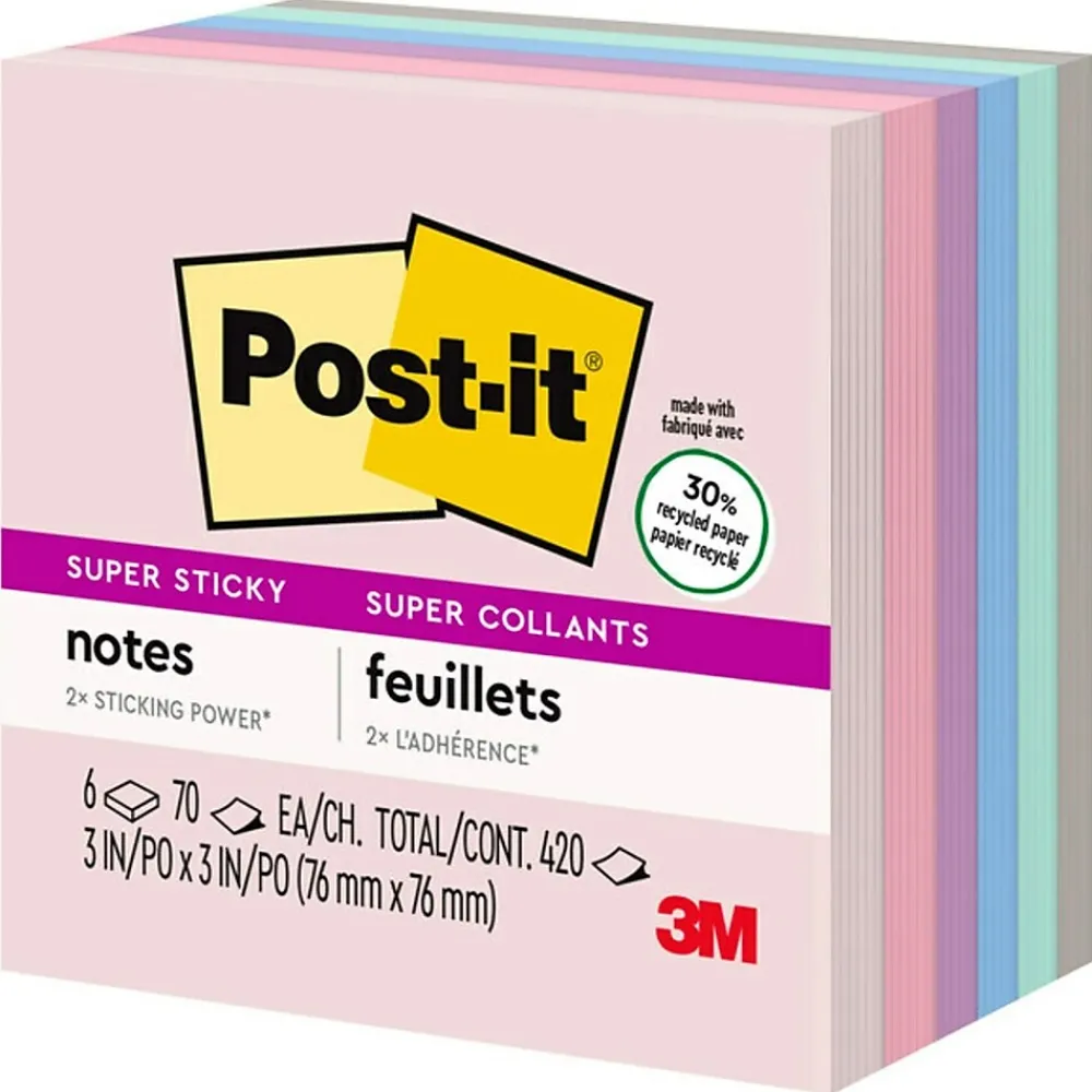 Post-It Notes*Post-it Recycled Super Sticky Notes, 3" x 3", Collection, 90 Sheet/Pad, 5 Pads/Pack (654-5SSNRP) Wanderlust Pastels