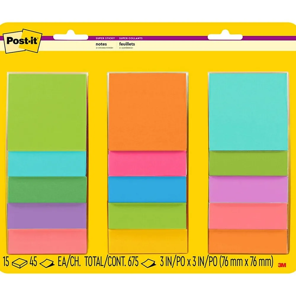 Post-It Notes*Post-it Super Sticky Notes, 3" x 3", Collection, 45 Sheet/Pad, 15 Pads/Pack (654-15SSMULTI2) Supernova Neons