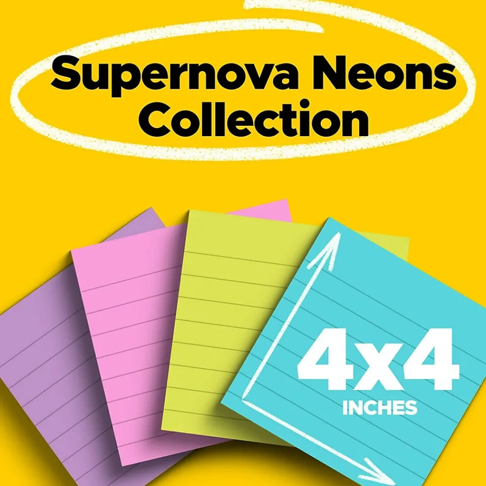 Post-It Notes*Post-it Super Sticky Notes, 4" x 4", Supernova Neons Collection, Lined, 90 Sheet/Pad, 4 Pads/Pack (675-4SSMIA)