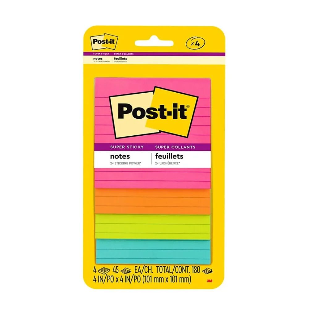 Post-It Notes*Post-it Super Sticky Notes, 4" x 4", Supernova Neons Collection, Lined, 45 Sheet/Pad, 4 Pads/Pack (4421-4SSMX)