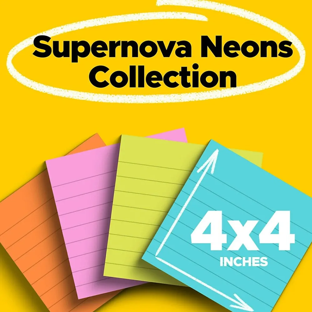 Post-It Notes*Post-it Super Sticky Notes, 4" x 4", Supernova Neons Collection, Lined, 45 Sheet/Pad, 4 Pads/Pack (4421-4SSMX)