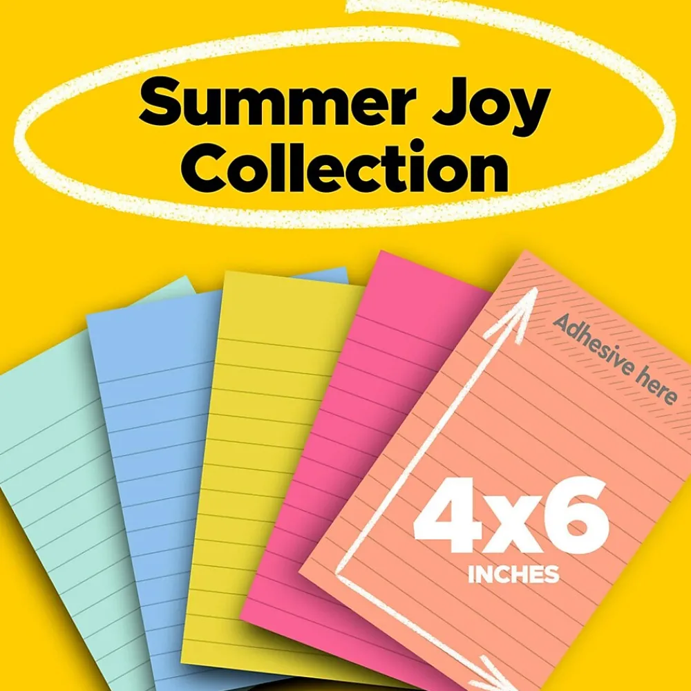 Post-It Notes*Post-it Super Sticky Notes, 4" x 6", Summer Joy Collection, Lined, 90 Sheet/Pad, 5 Pads/Pack (660-5SSJOY)