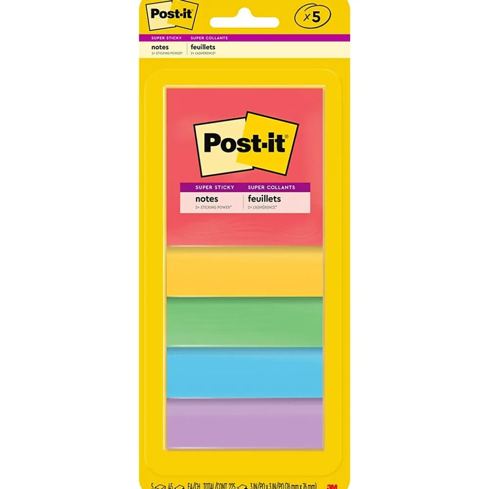 Post-It Notes*Post-it Super Sticky Notes, 3" x 3", Playful Primaries Collection, 45 Sheet/Pad, 5 Pads/Pack (3321-5SSAN)