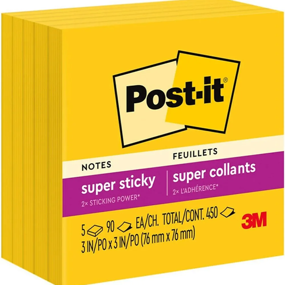 Post-It Notes*Post-it Super Sticky Notes, 3" x 3", , 90 Sheet/Pad, 5 Pads/Pack (6545SSY) Yellow