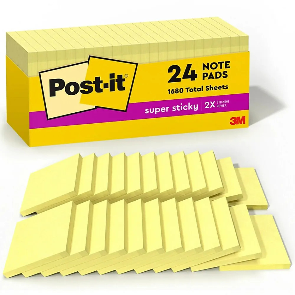 Post-It Notes*Post-it Super Sticky Notes, 3" x 3", Canary Collection, 90 Sheet/Pad, 24 Pads/Pack (65424SSCP)