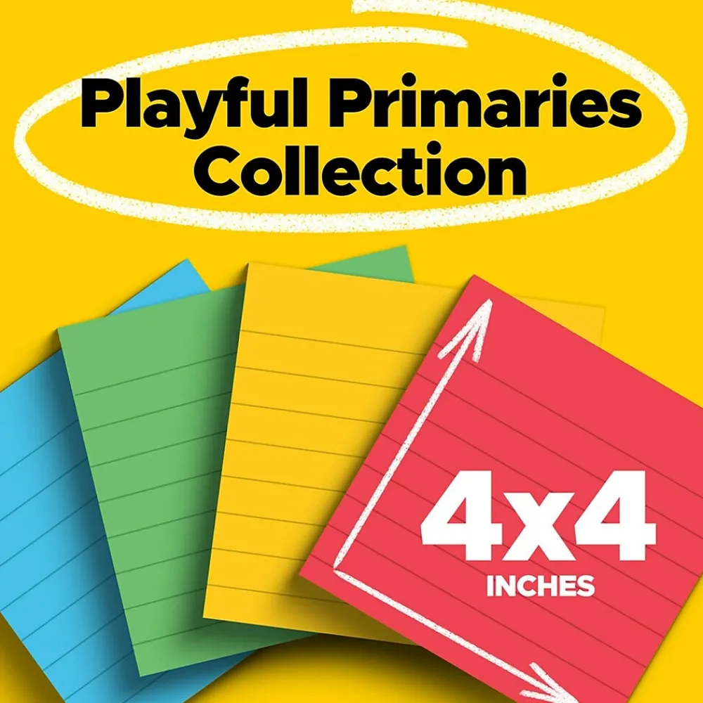 Post-It Notes*Post-it Super Sticky Notes, Playful Primaries Colors, Lined, 4 in x 4 in, 90 Sheets/Pad, 4 Pads/Pack (675-4SSAN)