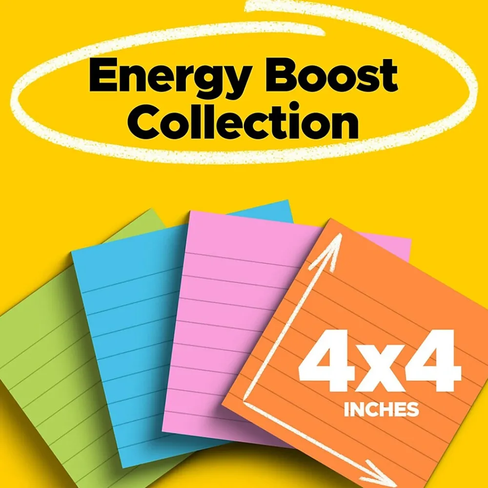 Post-It Notes*Post-it Super Sticky Notes, 4" x 4", Energy Boost Collection, Lined, 90 Sheet/Pad, 4 Pads/Pack (675-4SSUC)