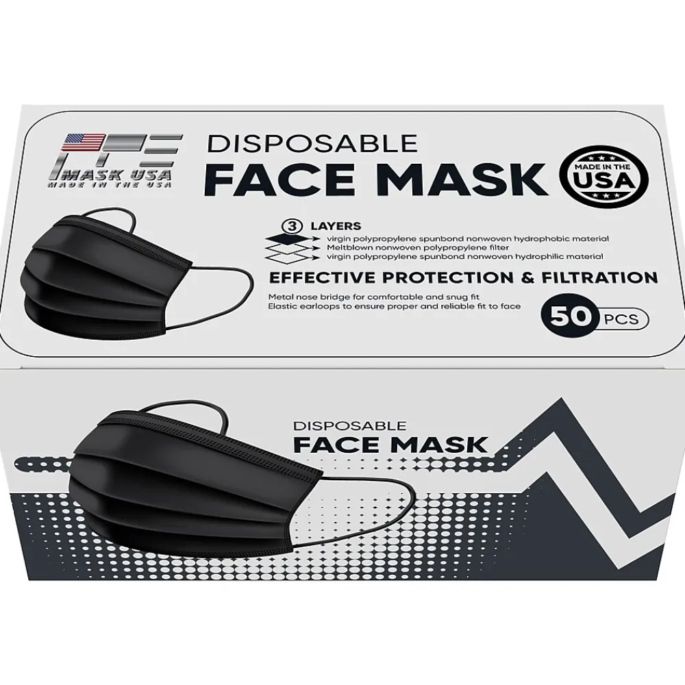 PPE Mask USA Disposable Surgical Cloth Face Mask, One Size, Black, 50/Box, 20 Boxes/Pack (TBN203203)