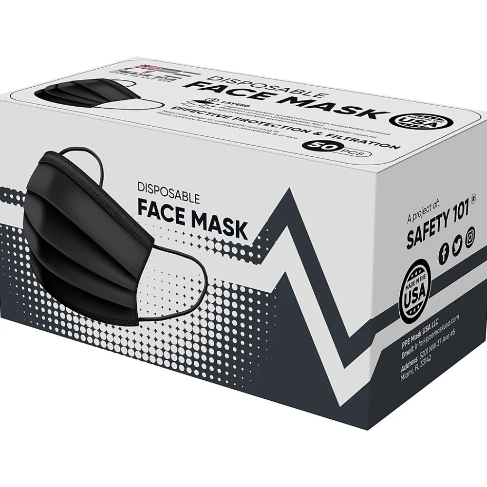 3-ply Disposable Surgical Face Mask, Adult, Black, 50/Box (SMN200057)<PPE Mask USA New