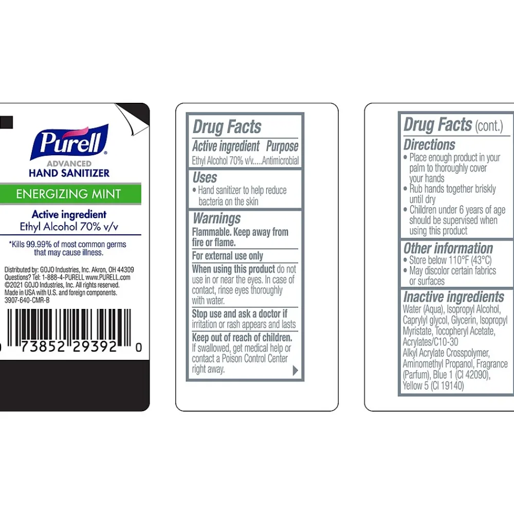 70% Alcohol Gel Hand Sanitizer, Energizing Mint Scent, 2 fl. oz., 24/Pack (3907-24-CMR)<Purell Hot