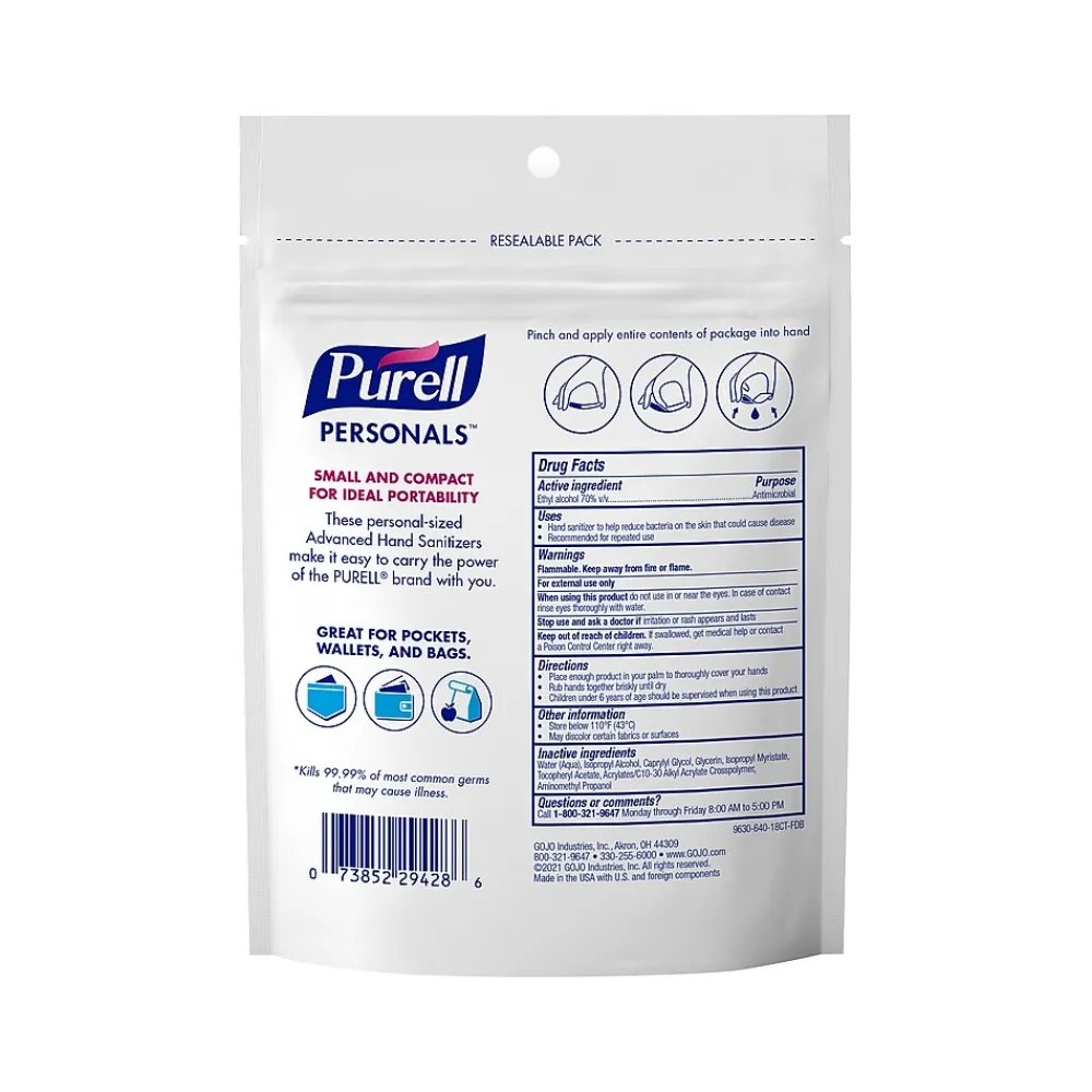 Personals 70 % Alcohol Gel Hand Sanitizer Packet, 0.04 fl. oz., 18/Pack (9630-15-18CT)<Purell