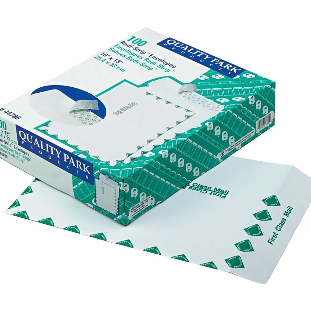 Sale Quality Park First Class Redi-Strip Redi-Seal Catalog Envelope, 10" x 13", White/Green Border, 100/Box (44786)