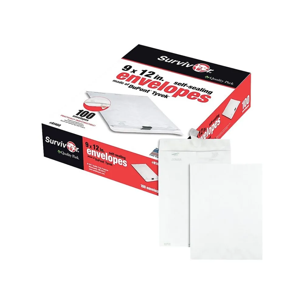 Clearance Quality Park Tyvek Survivor Self Seal Catalog Envelopes, 9"L x 12"H, White, 100/Box (QUAR1460)